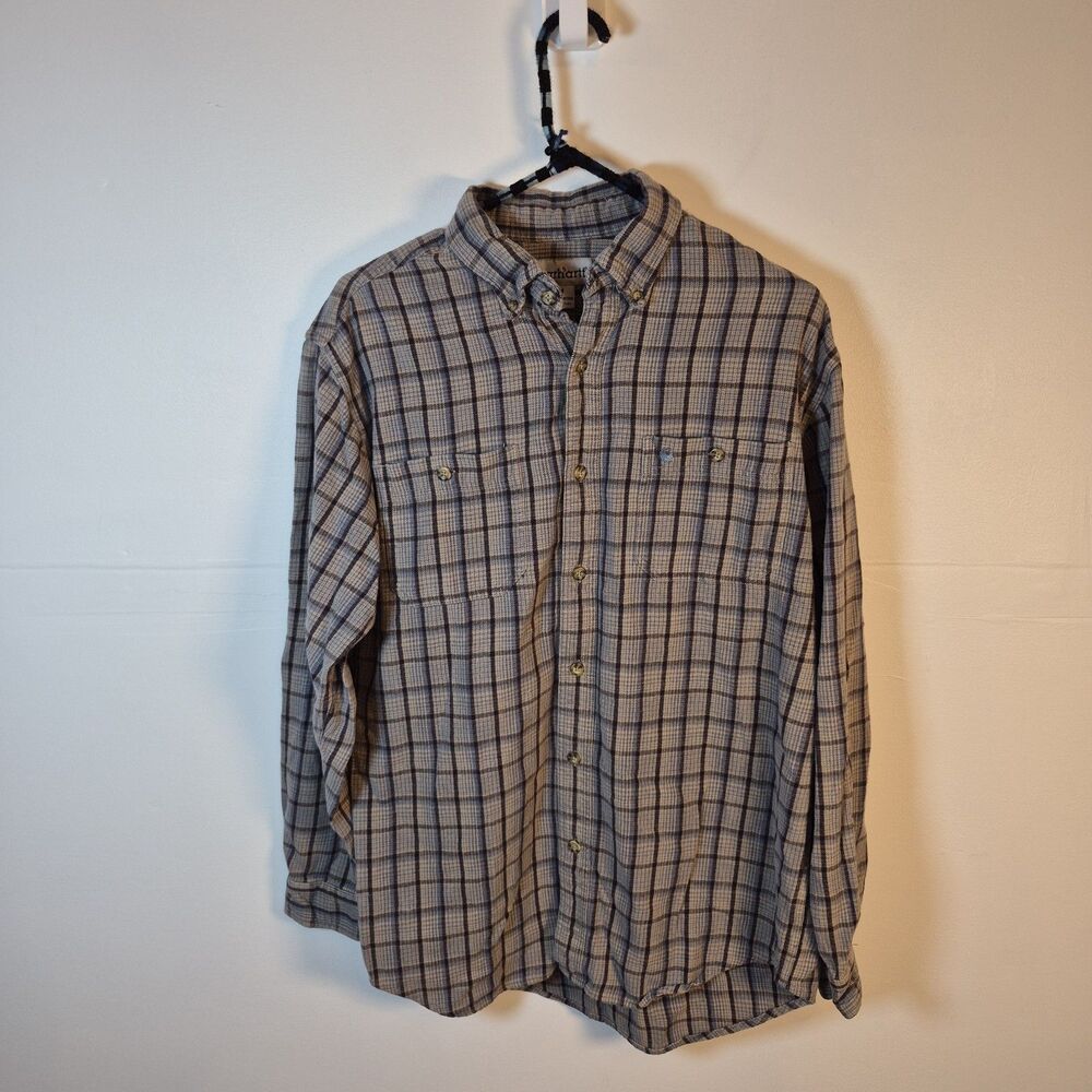 Carhartt Men's S217 Plaid Flannel Shirt Size M Gray DKT Button-Up Long Sleeve